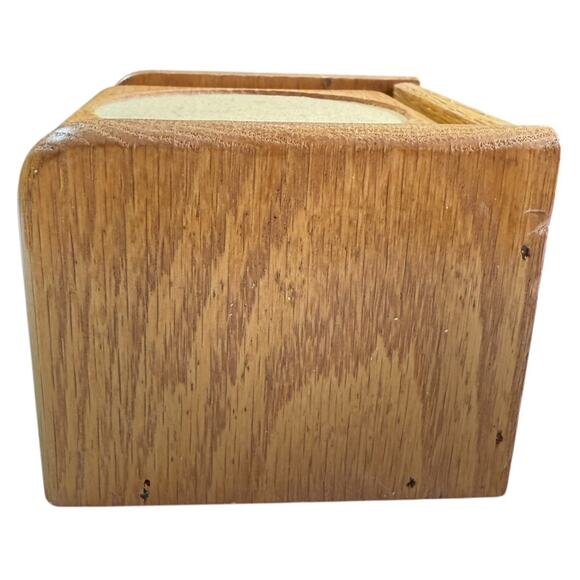 Set Of 6 Wooden Coasters With Cork Insert Matching Holder Vintage 80s Golden Oak - Picture 10 of 12